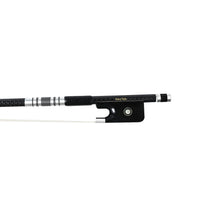 Load image into Gallery viewer, NeoTek Pro Carbon Fiber viola bow fully-mounted Ebony frog front view, featuring weaving pattern stick, Nickel Silver winding, Parisian eye and Abalone slide
