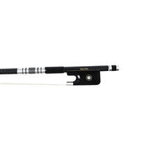 Load image into Gallery viewer, NeoTek Pro Carbon Fiber viola bow fully-mounted Ebony frog front view, featuring weaving pattern stick, Nickel Silver winding, Parisian eye and Abalone slide