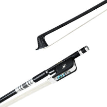 Load image into Gallery viewer, NeoTek Pro Carbon Fiber viola bow tip and fully-mounted Ebony frog side view, featuring weaving pattern stick, Nickel Silver winding, Parisian eye, Abalone slide and white horsehair
