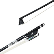 Load image into Gallery viewer, NeoTek Pro Carbon Fiber viola bow tip and fully-mounted Ebony frog side view, featuring weaving pattern stick, Nickel Silver winding, Parisian eye, Abalone slide and white horsehair