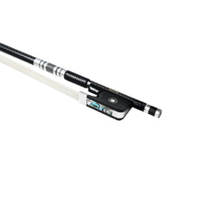 Load image into Gallery viewer, NeoTek Pro Carbon Fiber viola bow fully-mounted Ebony frog side view, featuring weaving pattern stick, Nickel Silver winding, Parisian eye, Abalone slide and white horsehair
