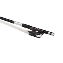 Load image into Gallery viewer, NeoTek Carbon Composite viola bow fully-mounted Ebony frog side view, featuring black matte finish stick, Nickel Silver winding, Parisian eye, Pearl slide and white horsehair