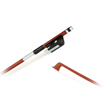 Load image into Gallery viewer, Forte Brazillwood viola bow tip and Ebony frog side view, featuring Nickel Silver winding, Serbian eye, Pearl slide and white horsehair