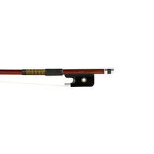 Load image into Gallery viewer, Forte Brazilwood Plus viola bass bow fully-mounted Ebony frog front view, featuring octagonal stick, Nickel Silver winding, Parisian eye, Abalone slide and white horsehair