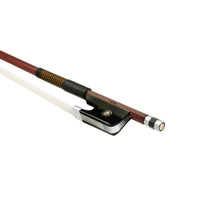 Load image into Gallery viewer, Forte Brazilwood Plus viola bass bow fully-mounted Ebony frog side view, featuring octagonal stick, Nickel Silver winding, Parisian eye and Abalone slide