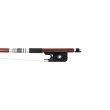 Load image into Gallery viewer, Forte Pro select Brazilwood viola bow fully-mounted Ebony frog front view, featuring round stick, Nickel Silver winding, Parisian eye and Abalone slide