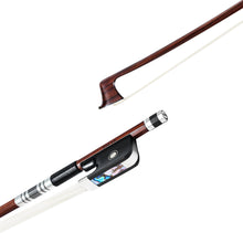 Load image into Gallery viewer, Forte Pro select Brazilwood viola bow tip and fully-mounted Ebony frog side view, featuring round stick, Nickel Silver winding, Parisian eye, Abalone slide and white horsehair