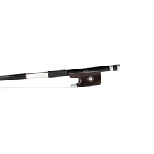Load image into Gallery viewer, NeoTek Carbon Composite cello bow fully-mounted Ebony frog front view, featuring black matte finish stick, Nickel Silver winding, Parisian eye and Pearl slide