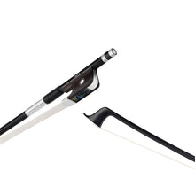 Load image into Gallery viewer, NeoTek Carbon Composite cello bow tip and fully-mounted Ebony frog side view, featuring black matte finish stick, Nickel Silver winding, Parisian eye, Pearl slide and white horsehair
