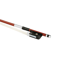 Load image into Gallery viewer, Forte Brazillwood cello bow Ebony frog side view, featuring Nickel Silver winding, Serbian eye, Pearl slide and white horsehair
