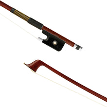 Load image into Gallery viewer, Forte Brazilwood Plus cello bass bow tip and fully-mounted Ebony frog front view, featuring octagonal stick, Nickel Silver winding, Parisian eye, Abalone slide and white horsehair
