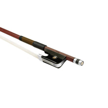 Load image into Gallery viewer, Forte Brazilwood Plus cello bass bow fully-mounted Ebony frog side view, featuring octagonal stick, Nickel Silver winding, Parisian eye and Abalone slide