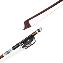 Load image into Gallery viewer, Forte Pro select Brazilwood cello bow tip and fully-mounted Ebony frog side view, featuring round stick, Nickel Silver winding, Parisian eye, Abalone slide and white horsehair