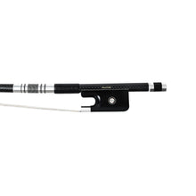 Load image into Gallery viewer, NeoTek Pro Carbon Fiber French style bass bow fully-mounted Ebony frog front view, featuring weaving pattern stick, Nickel Silver winding, Parisian eye and Abalone slide