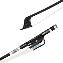 Load image into Gallery viewer, NeoTek Pro Carbon Fiber French style bass bow tip and fully-mounted Ebony frog side view, featuring weaving pattern stick, Nickel Silver winding, Parisian eye, Abalone slide and white horsehair