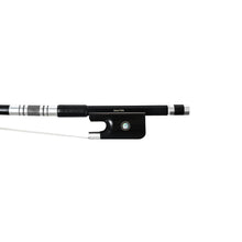 Load image into Gallery viewer, NeoTek Plus Carbon Fiber French style bass bow fully-mounted Ebony frog front view, featuring black matte finish stick, Nickel Silver winding, Parisian eye, Abalone slide and white horsehair
