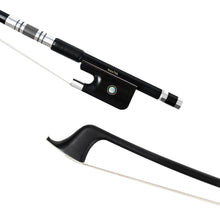 Load image into Gallery viewer, NeoTek Plus Carbon Fiber French style bass bow tip and fully-mounted Ebony frog front view, featuring black matte finish stick, Nickel Silver winding, Parisian eye, Abalone slide and white horsehair