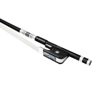 Load image into Gallery viewer, NeoTek Plus Carbon Fiber French style bass bow fully-mounted Ebony frog side view, featuring black matte finish stick, Nickel Silver winding, Parisian eye and Abalone slide