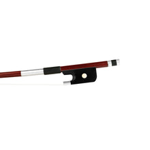 Load image into Gallery viewer, Forte Brazilwood French style bass bow Ebony frog front view, featuring Nickel Silver winding, Serbian eye and Pearl slide
