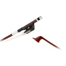 Load image into Gallery viewer, Forte Brazillwood French style bass bow tip and Ebony frog side view, featuring Nickel Silver winding, Serbian eye, Pearl slide and white horsehair