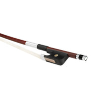 Load image into Gallery viewer, Forte Brazillwood French style bass bow Ebony frog side view, featuring Nickel Silver winding, Serbian eye, Pearl slide and white horsehair
