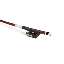Load image into Gallery viewer, Forte Brazillwood French style bass bow Ebony frog side view, featuring Nickel Silver winding, Serbian eye, Pearl slide and white horsehair