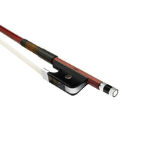 Load image into Gallery viewer, Forte Brazilwood Plus French style bass bow fully-mounted Ebony frog side view, featuring octagonal stick, Nickel Silver winding, Parisian eye and Abalone slide