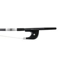 Load image into Gallery viewer, NeoTek Pro Carbon Fiber German style bass bow fully-mounted Ebony frog front view, featuring weaving pattern stick, Nickel Silver winding, Parisian eye and Abalone slide
