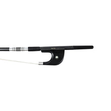 Load image into Gallery viewer, NeoTek Pro Carbon Fiber German style bass bow fully-mounted Ebony frog front view, featuring weaving pattern stick, Nickel Silver winding, Parisian eye and Abalone slide