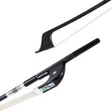 Load image into Gallery viewer, NeoTek Pro Carbon Fiber German style bass bow tip and fully-mounted Ebony frog side view, featuring weaving pattern stick, Nickel Silver winding, Parisian eye, Abalone slide and white horsehair