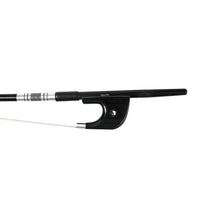 Load image into Gallery viewer, NeoTek Plus Carbon Fiber German style bass bow fully-mounted Ebony frog front view, featuring black matte finish stick, Nickel Silver winding, Parisian eye, Abalone slide and white horsehair
