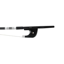 Load image into Gallery viewer, NeoTek Plus Carbon Fiber German style bass bow fully-mounted Ebony frog front view, featuring black matte finish stick, Nickel Silver winding, Parisian eye, Abalone slide and white horsehair