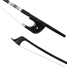 Load image into Gallery viewer, NeoTek Plus Carbon Fiber German style bass bow tip and fully-mounted Ebony frog front view, featuring black matte finish stick, Nickel Silver winding, Parisian eye, Abalone slide and white horsehair