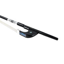Load image into Gallery viewer, NeoTek Plus Carbon Fiber German style bass bow fully-mounted Ebony frog side view, featuring black matte finish stick, Nickel Silver winding, Parisian eye and Abalone slide