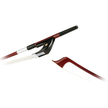 Load image into Gallery viewer, Forte Brazillwood German style bass bow tip and Ebony frog side view, featuring Nickel Silver winding, Serbian eye, Pearl slide and white horsehair
