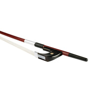 Load image into Gallery viewer, Forte Brazillwood German style bass bow Ebony frog side view, featuring Nickel Silver winding, Serbian eye, Pearl slide and white horsehair