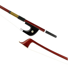 Load image into Gallery viewer, Forte Brazilwood Plus German style bass bow tip and fully-mounted Ebony frog front view, featuring octagonal stick, Nickel Silver winding, Parisian eye, Abalone slide and white horsehair
