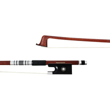 Load image into Gallery viewer, NeoTek Classic Carbon Fiber violin bow tip and fully-mounted Ebony frog front view, featuring Brazilwood veneer stick with carbon fiber core, Nickel Silver winding, Parisian eye, Abalone slide and white horsehair