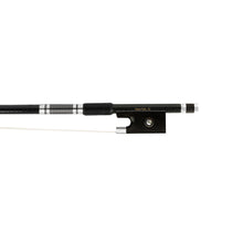 Load image into Gallery viewer, NeoTek Pro Carbon Fiber violin bow fully-mounted Ebony frog front view, featuring weaving pattern stick, Nickel Silver winding, Parisian eye and Abalone slide
