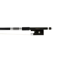 Load image into Gallery viewer, NeoTek Pro Carbon Fiber violin bow fully-mounted Ebony frog front view, featuring weaving pattern stick, Nickel Silver winding, Parisian eye and Abalone slide
