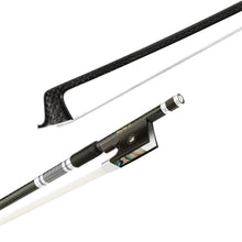 Load image into Gallery viewer, NeoTek Pro Carbon Fiber violin bow tip and fully-mounted Ebony frog side view, featuring weaving pattern stick, Nickel Silver winding, Parisian eye, Abalone slide and white horsehair
