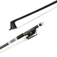 Load image into Gallery viewer, NeoTek Pro Carbon Fiber violin bow tip and fully-mounted Ebony frog side view, featuring weaving pattern stick, Nickel Silver winding, Parisian eye, Abalone slide and white horsehair