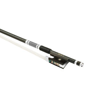 Load image into Gallery viewer, NeoTek Pro Carbon Fiber violin bow fully-mounted Ebony frog side view, featuring weaving pattern stick, Nickel Silver winding, Parisian eye, Abalone slide and white horsehair