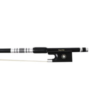 Load image into Gallery viewer, NeoTek Plus Carbon Fiber violin bow fully-mounted Ebony frog front view, featuring black matte finish stick, Nickel Silver winding, Parisian eye, Abalone slide and white horsehair