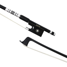 Load image into Gallery viewer, NeoTek Plus Carbon Fiber violin bow tip and fully-mounted Ebony frog front view, featuring black matte finish stick, Nickel Silver winding, Parisian eye, Abalone slide and white horsehair