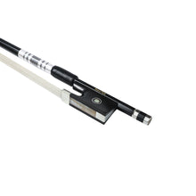 Load image into Gallery viewer, NeoTek Plus Carbon Fiber violin bow fully-mounted Ebony frog side view, featuring black matte finish stick, Nickel Silver winding, Parisian eye and Abalone slide