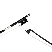 Load image into Gallery viewer, NeoTek Carbon Composite violin bow tip and fully-mounted Ebony frog front view, featuring black matte finish stick, Nickel Silver winding, Parisian eye, Pearl slide and white horsehair