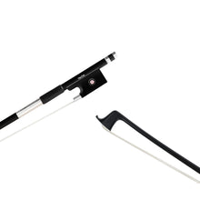 Load image into Gallery viewer, NeoTek Carbon Composite violin bow tip and fully-mounted Ebony frog front view, featuring black matte finish stick, Nickel Silver winding, Parisian eye, Pearl slide and white horsehair
