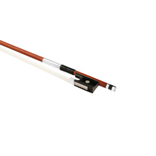 Load image into Gallery viewer, Forte Brazillwood violin bow Ebony frog side view, featuring Nickel Silver winding, Serbian eye, Pearl slide and white horsehair