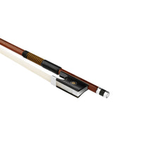 Load image into Gallery viewer, Forte Brazilwood Plus violin bass bow fully-mounted Ebony frog side view, featuring octagonal stick, Nickel Silver winding, Parisian eye and Abalone slide